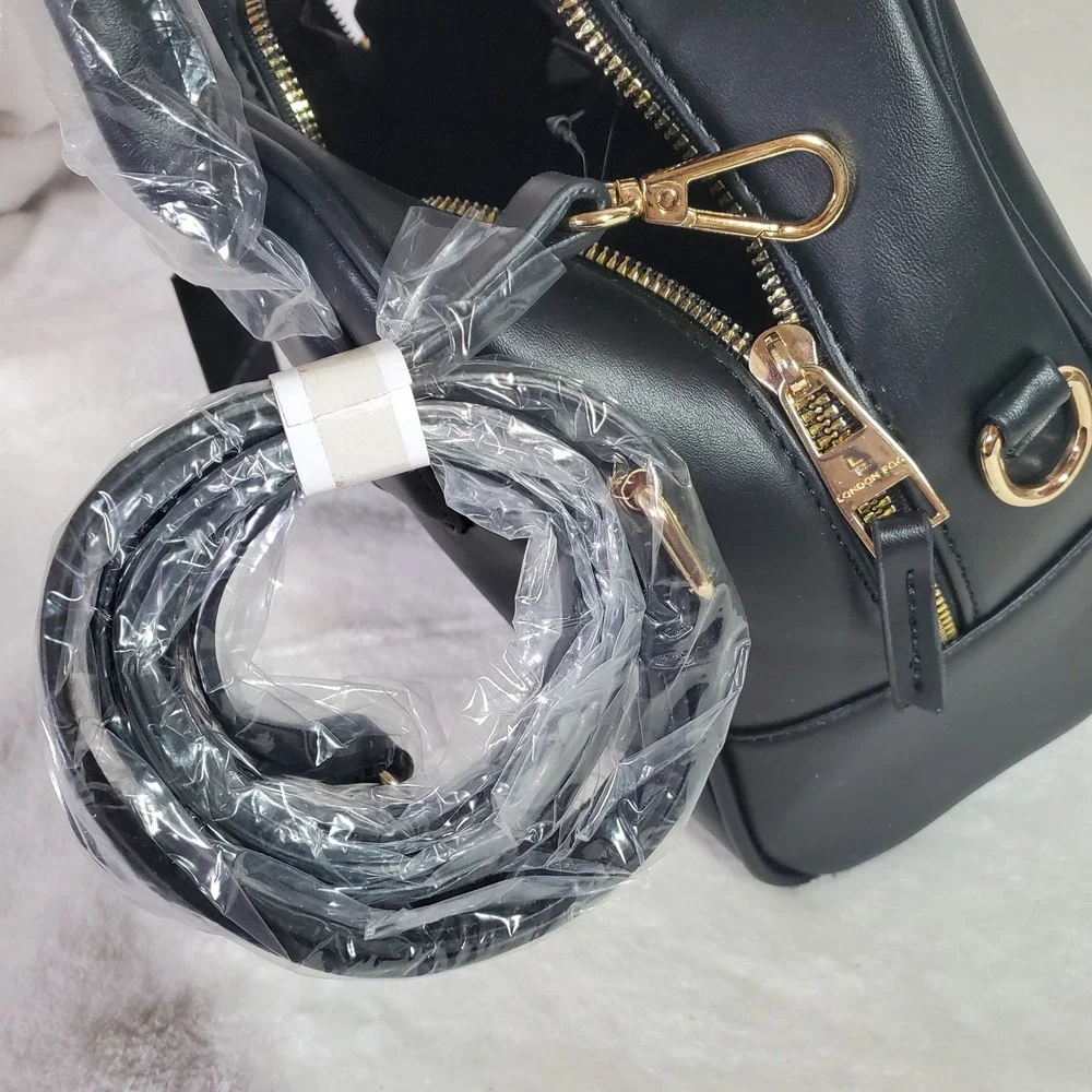 Timeless Vegan Leather Shoulder Bag Satchel Black Gold Classic 11x9 Crossbody